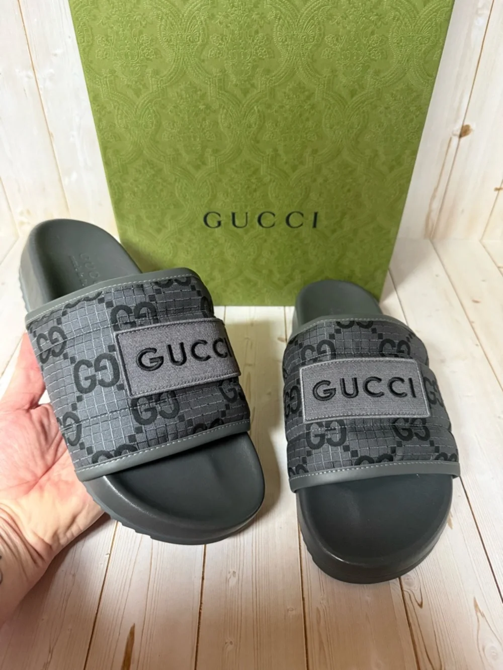 Gucci Ripstop GG Monogram Slide Sandals Grey/Black Sz 6G / 6.5US - Picture 7 of 11